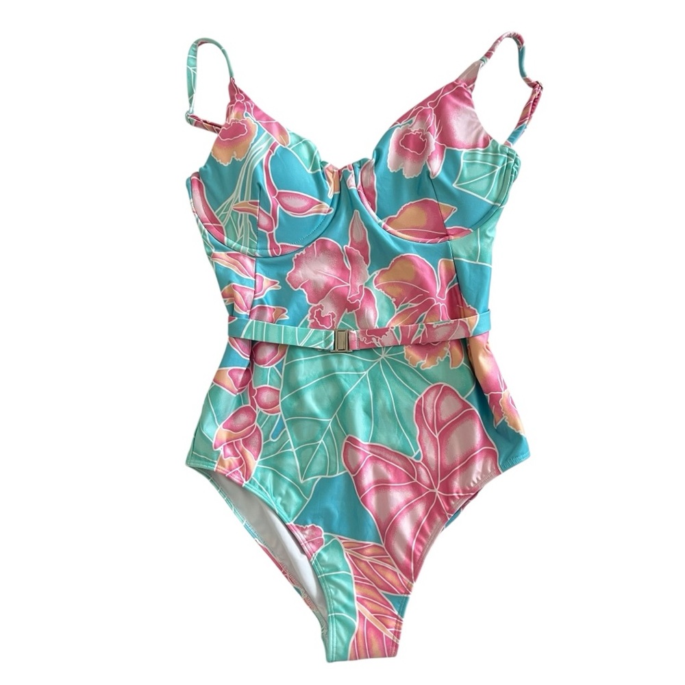 Kenny Flowers Teal One-Piece Swimsuit with Pink Floral Print